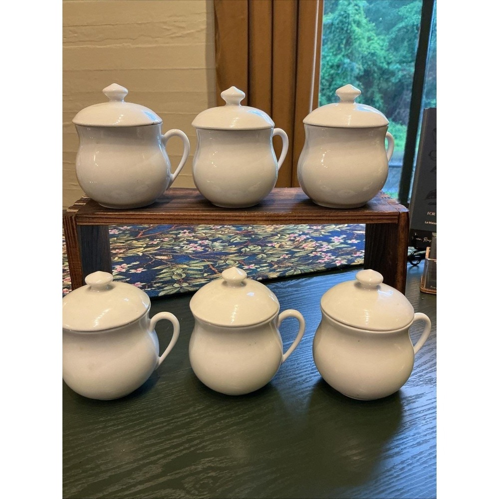 Classic White Apilco 3.5" Porcelain 6 Pot De Crème w/ Lids France